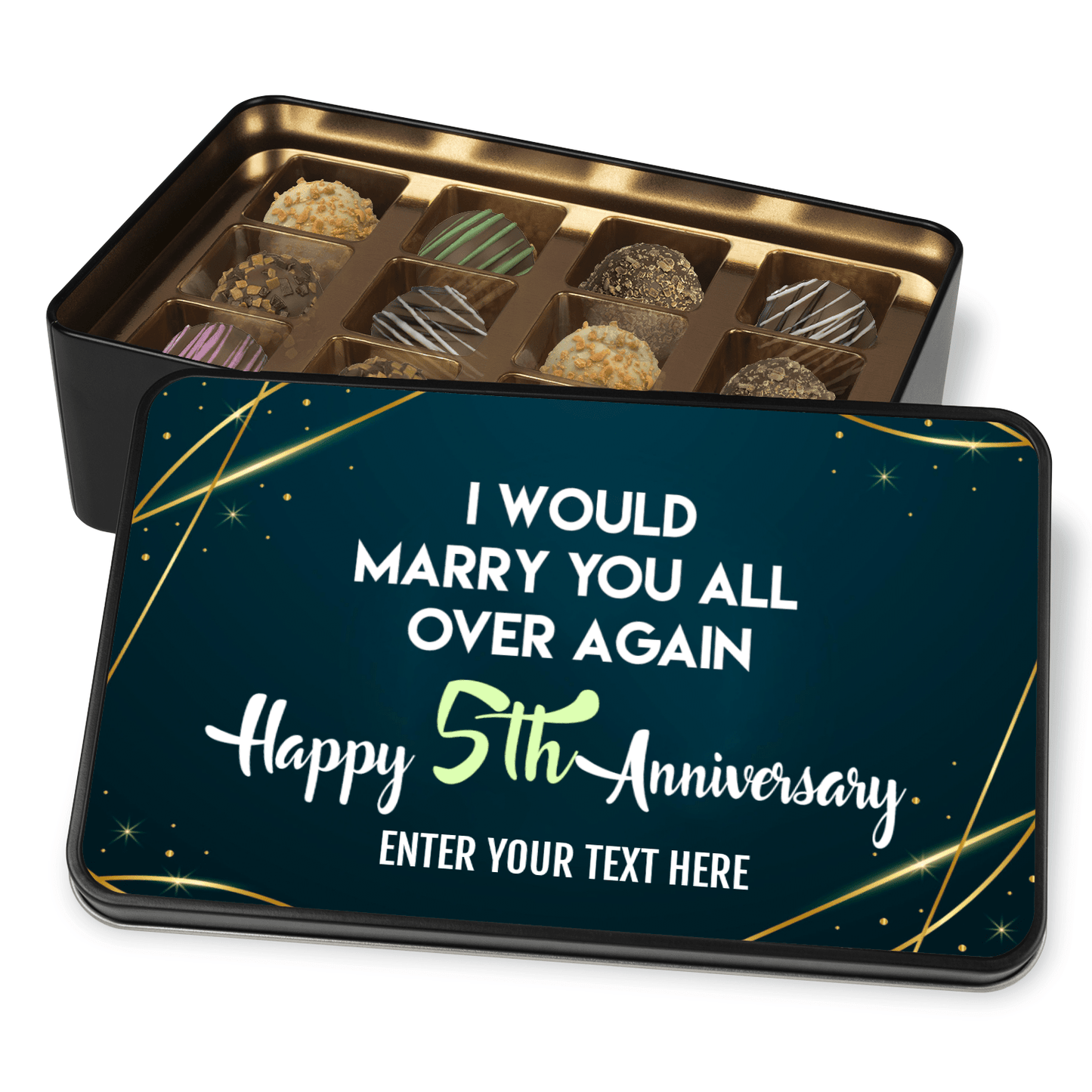 Amazing 5th Anniversary Gift, Tin of Handmade Truffles with Personalized Text