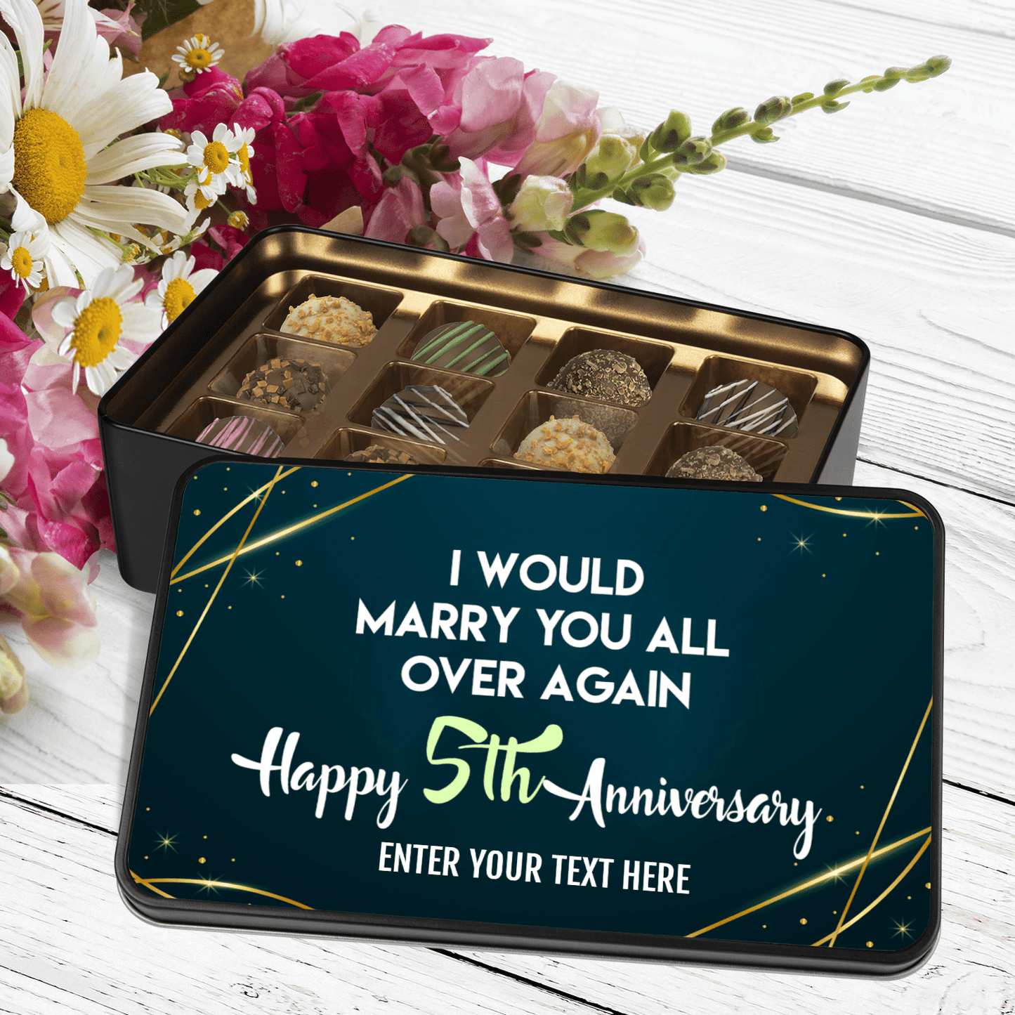 Amazing 5th Anniversary Gift, Tin of Handmade Truffles with Personalized Text