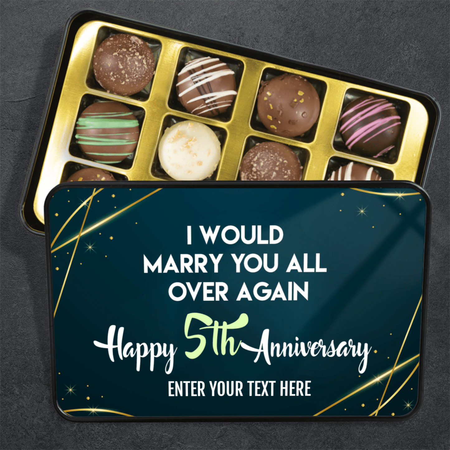 Amazing 5th Anniversary Gift, Tin of Handmade Truffles with Personalized Text